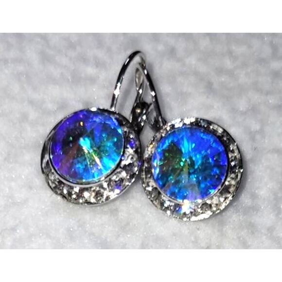 Crystal AB Round Earrings Silvertone Leverback Ear Wires Rainbow Iridescent - Picture 3 of 6